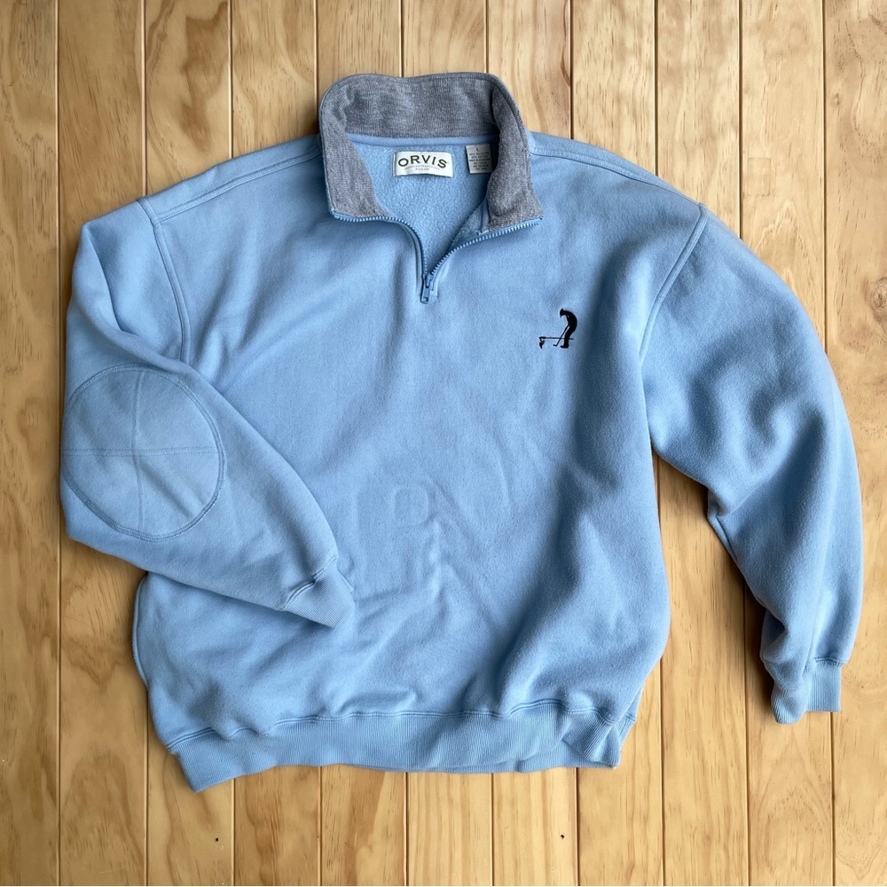 Orvis 1/4 Zip Golf Fishing Pullover Carolina Blue size Large Elbow Patches